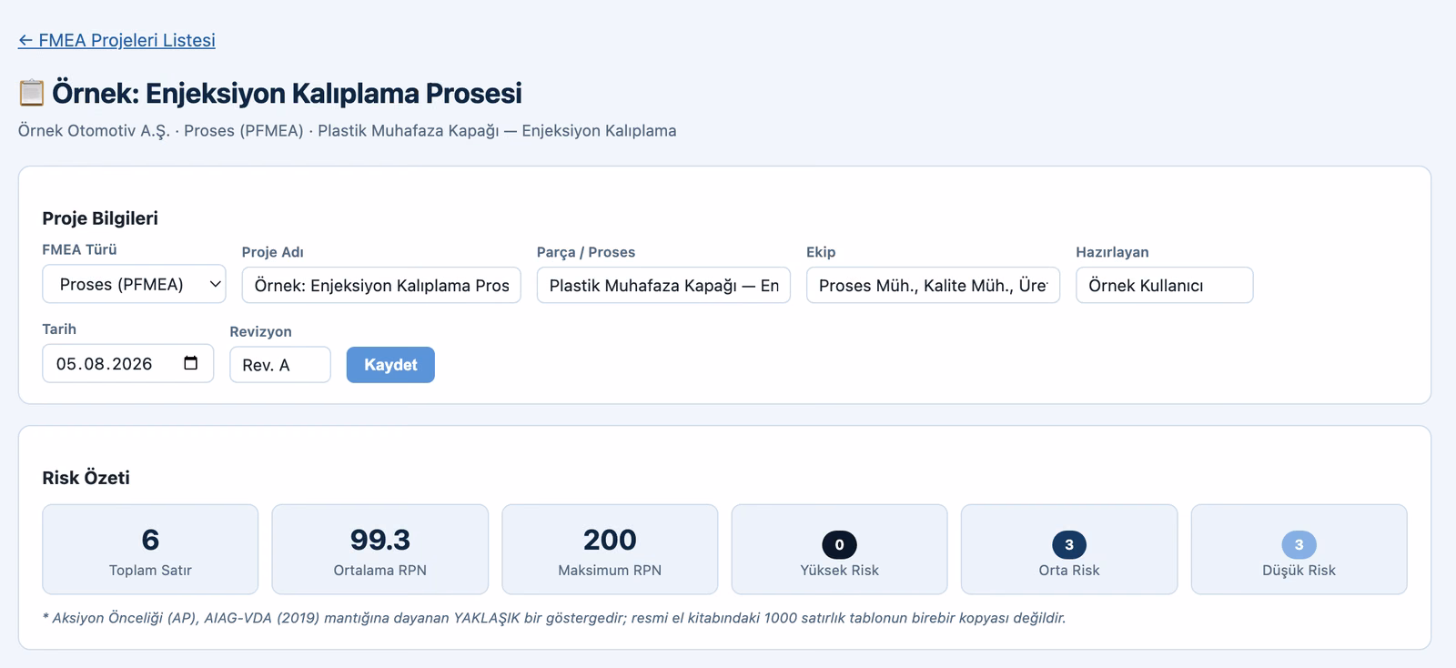 FMEA — Proje bilgilerini tanımlayın