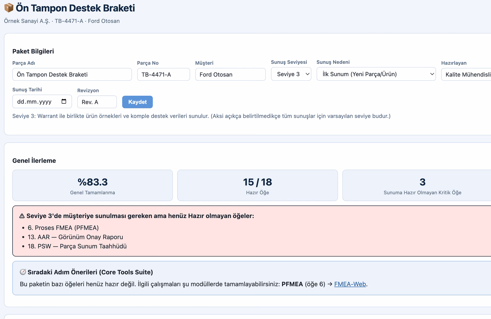 PPAP — Paket bilgileri & hazırlık